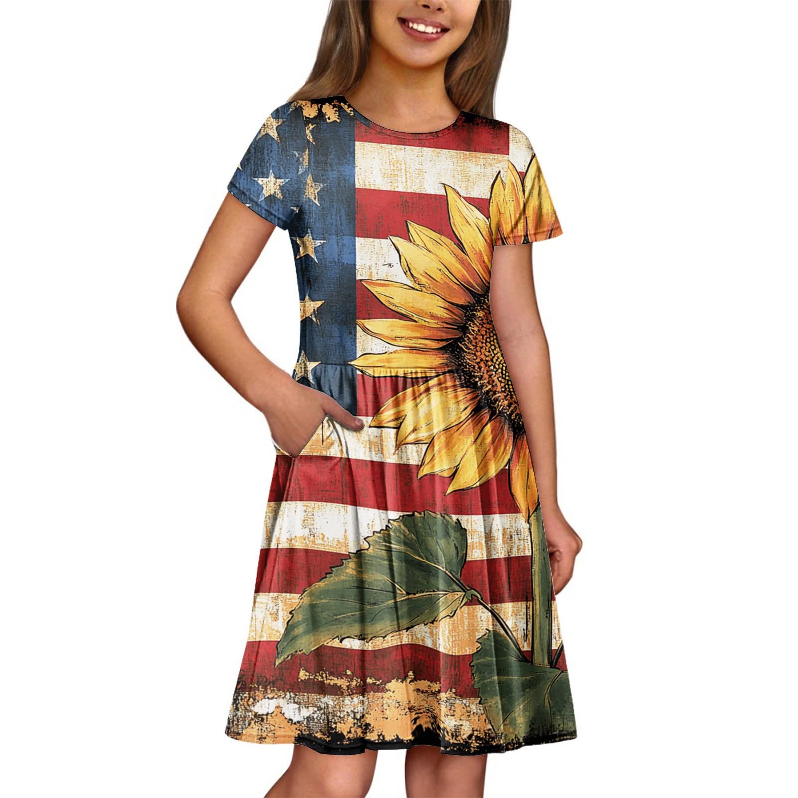 

Летнее платье для девочек, однотонное платье без рукавов с принтом и карманом, повседневное платье, вечернее платье с короткими рукавами 120 винный