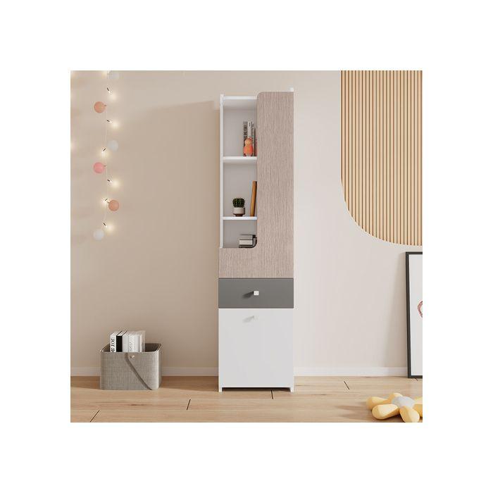 Bibliothèque - MUVOE - Haute - MDF - Blanc, Orme Clair, Gris - 2 Étagères