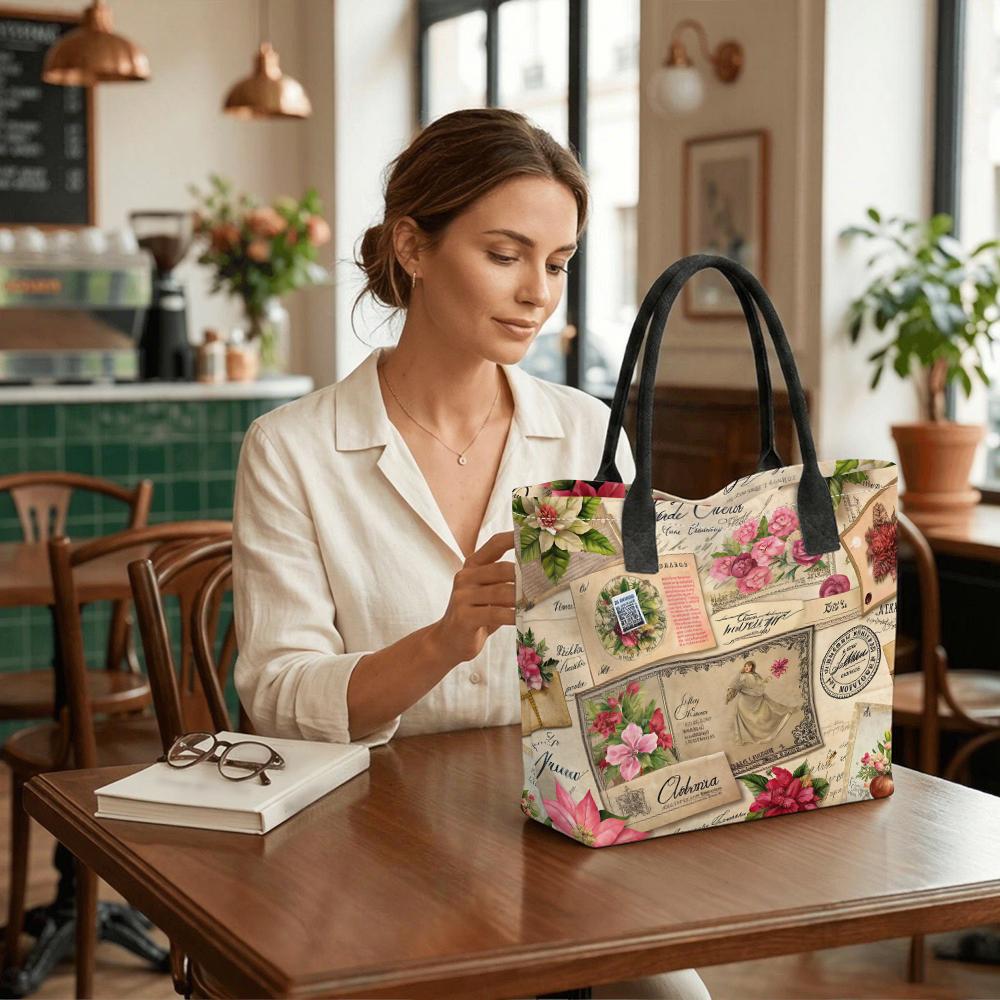 Vintage Floral Print Tote Bag Large Capacity Casual Daily Shoulder Handbag for Women
