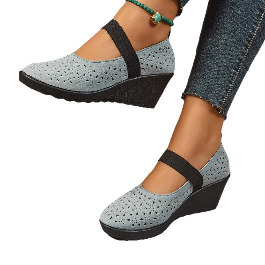 Fashion Hollow Out Breathable Single Shoes Summer New Slip On Round Toe Shallow PU Leather Soft Sole Mid Heel Pumps Zapatos De Mujer