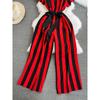 Fashion Celebrity Short Sleeve V-Neck Striped Dress Pants Casual High Waist Skinny Straight Wide Pants Jumpsuit