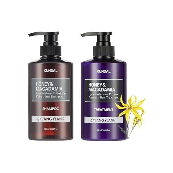 

[KUNDAL] Ylang Ylang scent | Honey & Macadamia Shampoo & Treatment Set (500ml/bottle each) | Weakly acidic, non-silicon, long-lasting scent,