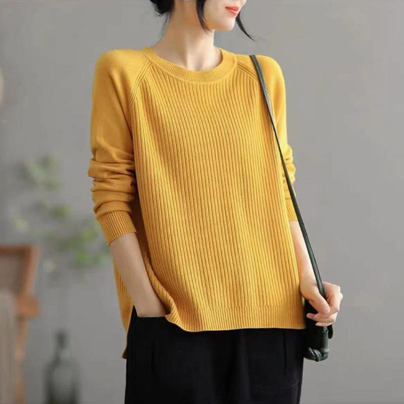 Frühling klassischer Pullover Damen Pullover langärmlig plus lässiger Rundhals schlankmachender Seitenschlitz Strickpullover Damen Innenoutfit