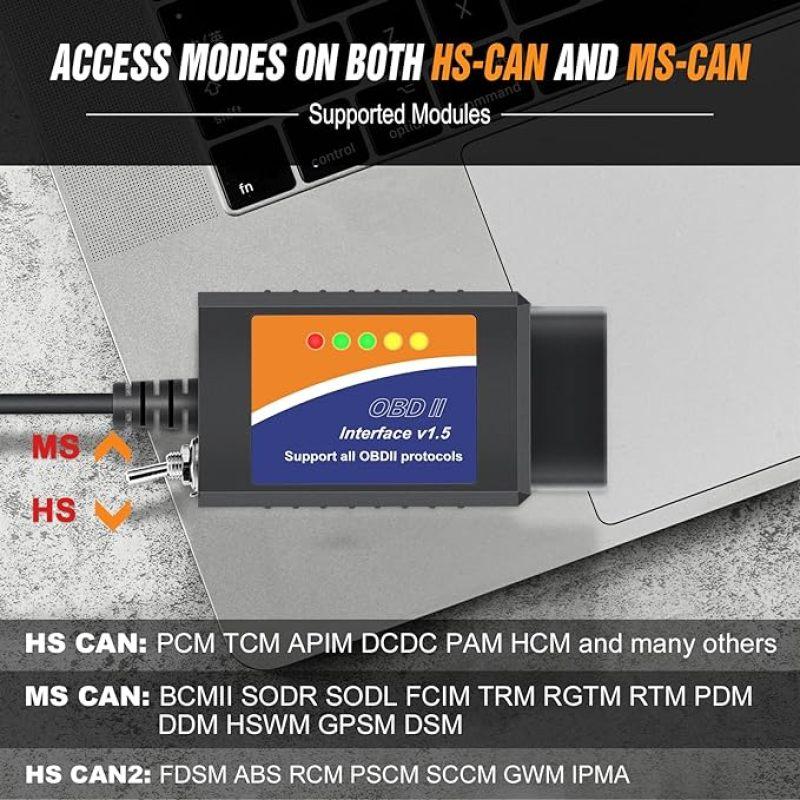 ELM327 FORScan OBD2 USB adaptér s MS CAN/HS CAN přepínačem pro F150 F250 osobní a lehký nákladní automobil Zkontrolujte kódování Ford ELMconfig FoCC