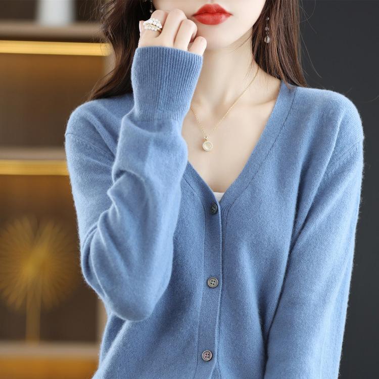 Palton cardigan tricotat din lână, cu decolteu în V, de toamnă și iarnă, de culoare solidă