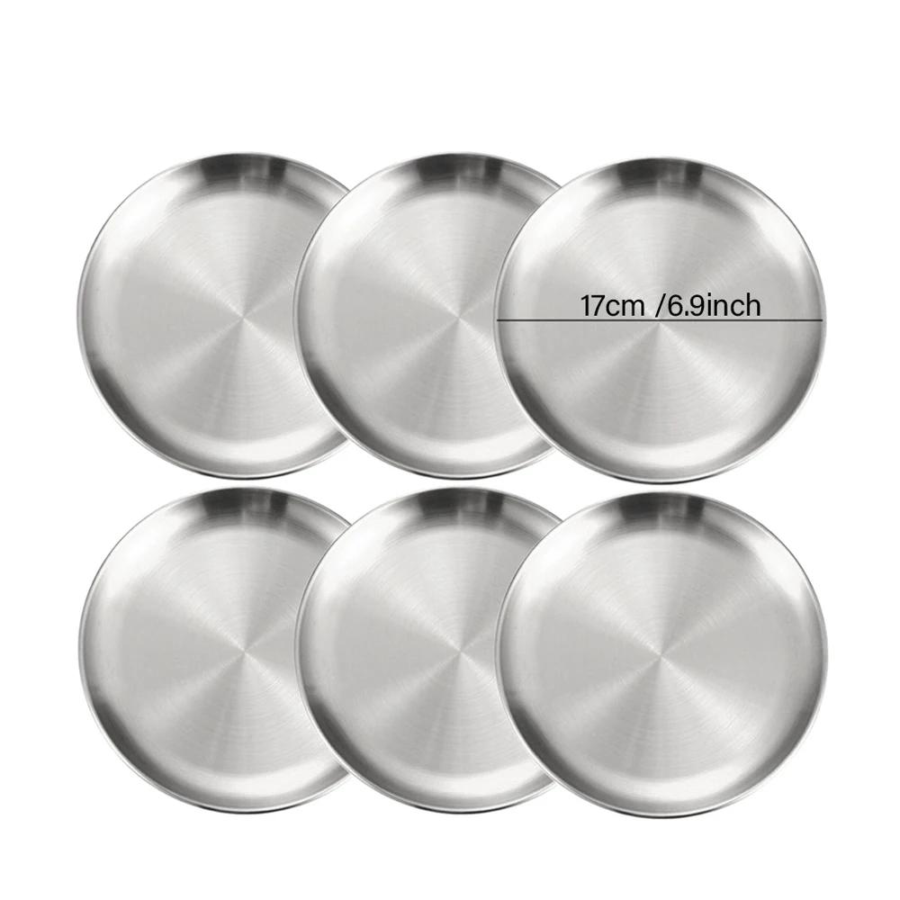 6Pcs Stainless Steel Metal Round Dining Disc Bone Spitting Dish High Quality Shallow Tray Silver BBQ Disc Kitchen Plate