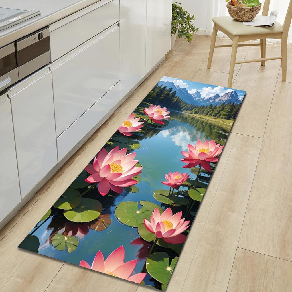 1Pcs Lotus Pattern Floor Mat Modern Kitchen Polyester Rug Non-Slip Colorful Indoor Carpet, For Home Bathroom Bedroom Living Room Decor