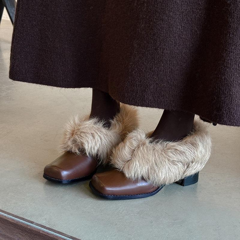 First layer cowhide~ Korean version temperament 5.5cm thick heel square head wool single shoes women's 2025 new plush shoes