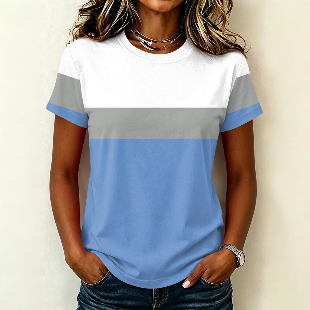 Dames Casual Pullover Korte Mouw T-shirt Kleurblok Bedrukt Top Ronde Hals Lichtgewicht Zachte Stof