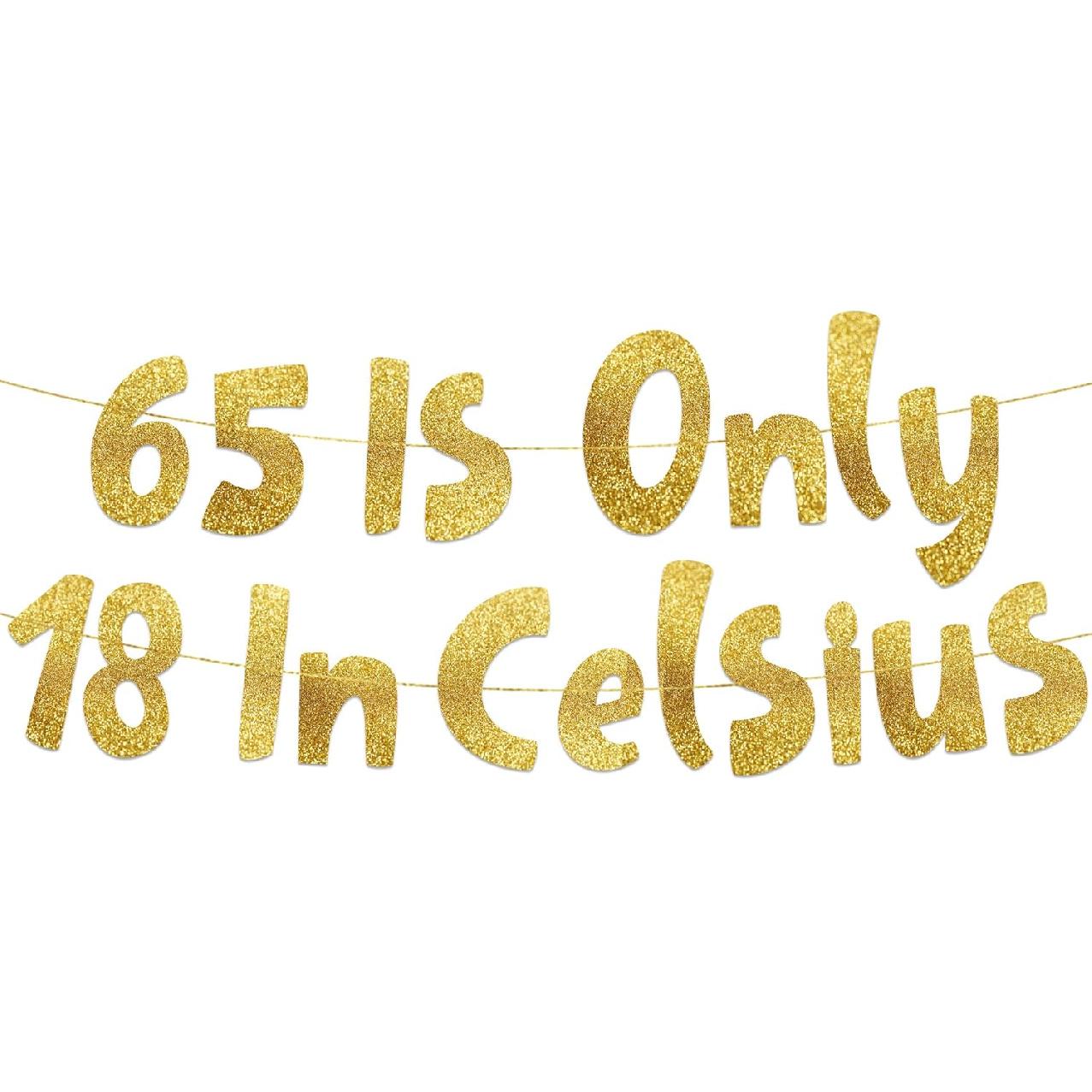 65 is Only 18 in Celsius Gold Glitter Banner - Happy 65th Birthday Party Banner - 65th Birthday Party Decorations and Supplies - 65th Wedding