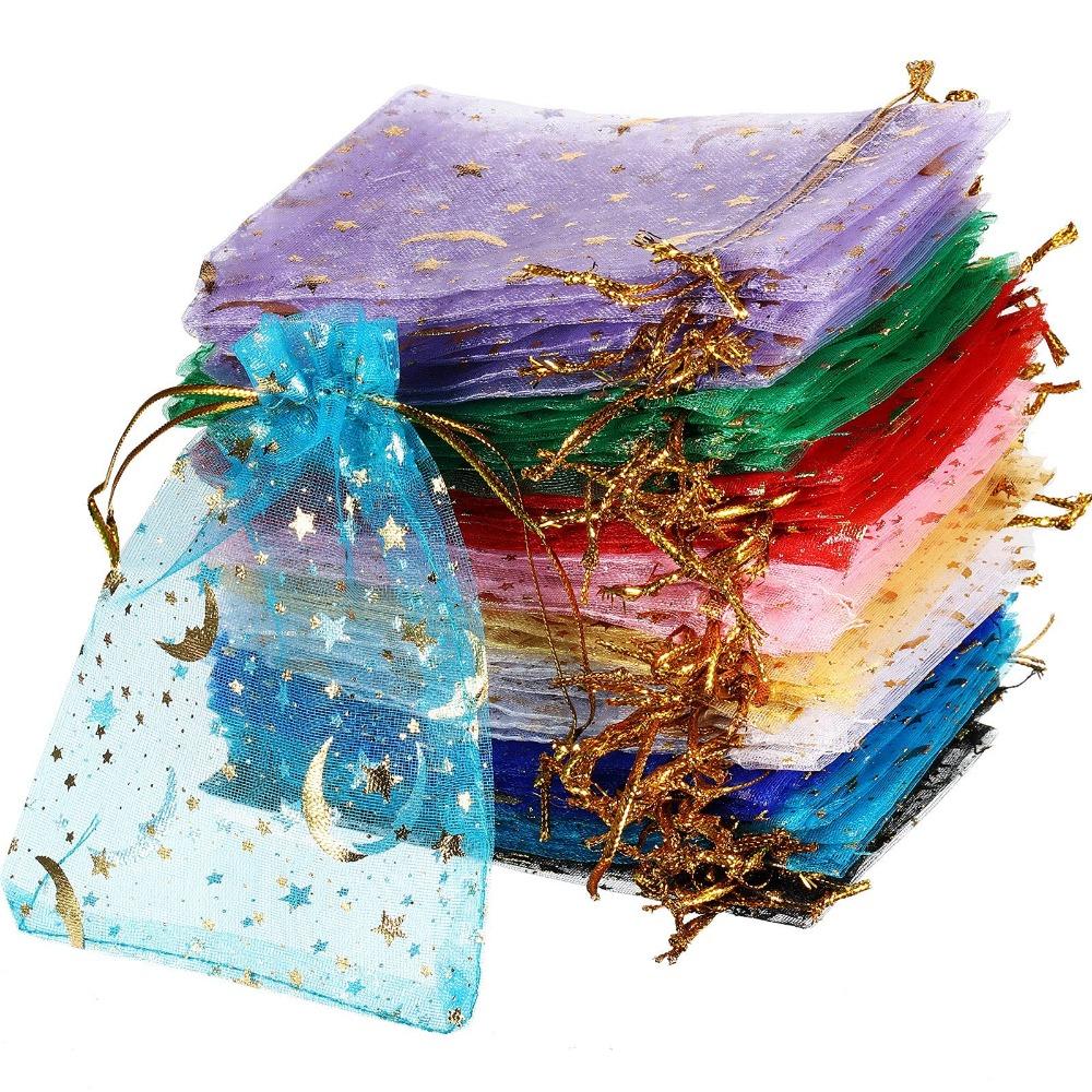 10pcs Organza Gift Bags Multicolor Moon & Star – Jewelry Pouches for Wedding, Party Favors, Candy, and Jewelry Packaging