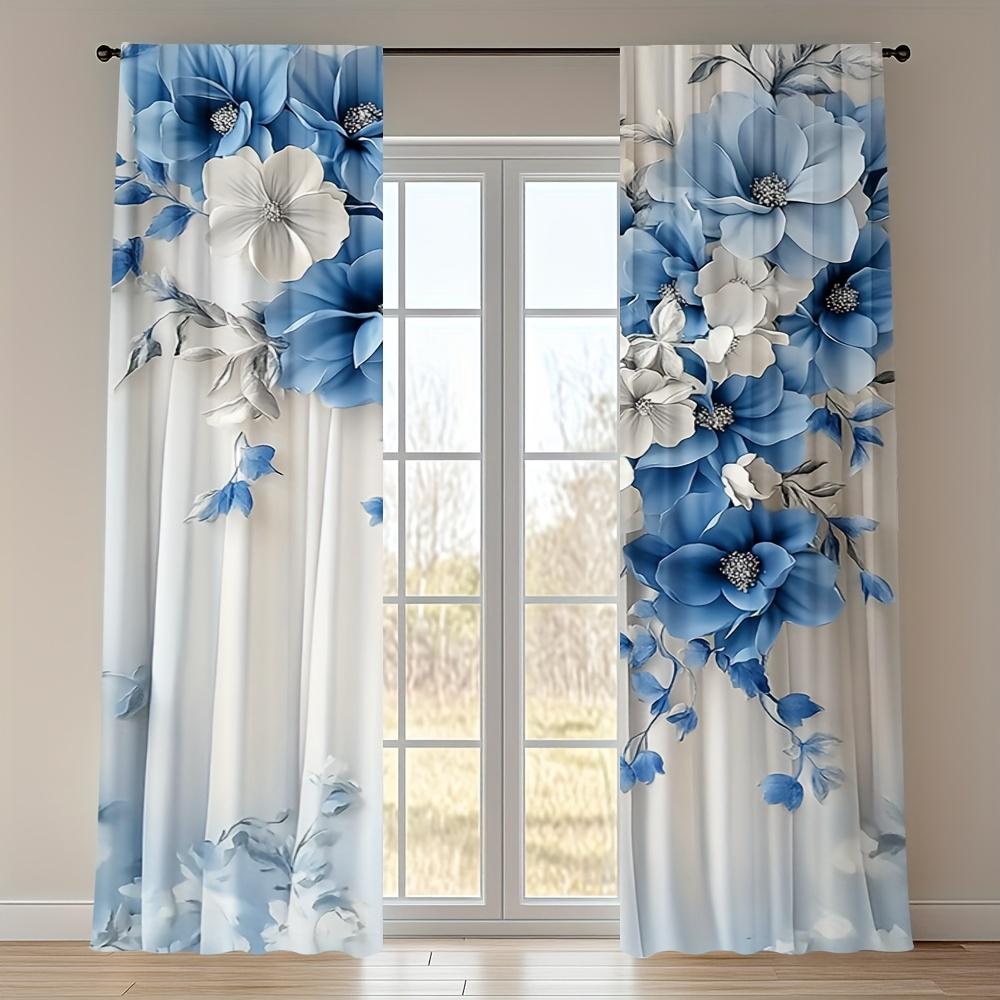 2 Pieces Blue And White Floral Print Door Curta - Machine Washable Polyester For Bedroom, Living Room, Kitchen, Office