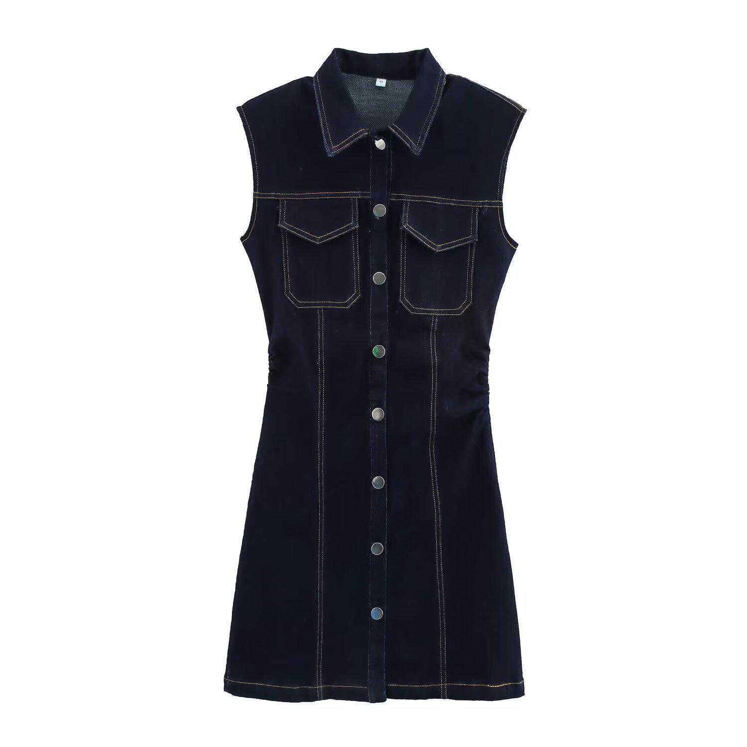 

European & American Style Sleeveless Pleated Denim Mini Dress Extra Small как