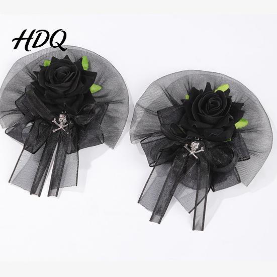 Handmade Faux Silk Floral Bracelet Black Burgundy Rose Tulle Mesh Corsage for Bridal Groom, Gothic Formal Suit Dress Decor Artificial Flower