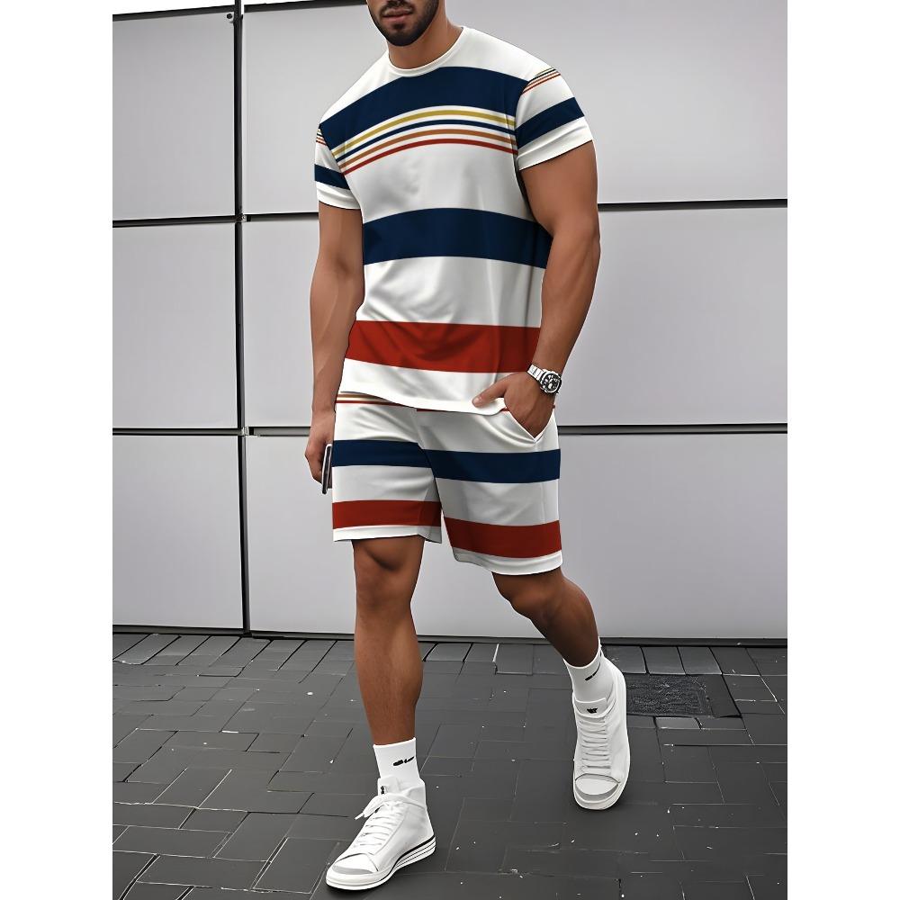 Men's Outdoor Leisure Sports 3D Printed Round Neck Short Sleeved T-shirt and Shorts Set Trendy and Fashionable Men's T-shirt