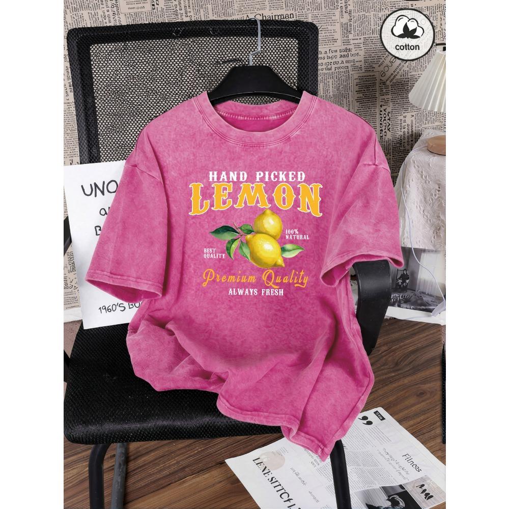 Hand Picked Lemon Always Fresh Print Washed T Shirt Women Cotton Clothes O-Neck Casual T-Shirt Loose Summer Top