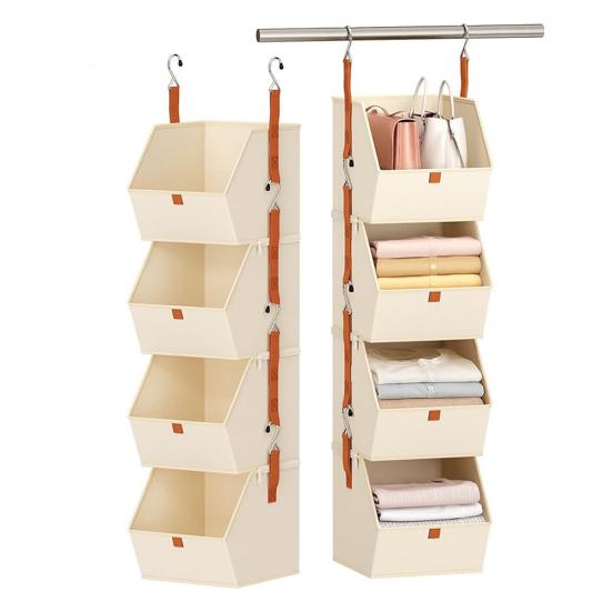 1 Set Collapsible Hanging Closet Organizer Adjustable Wardrobe Storage System with Hooks 4 Tier Closet Shelves Foldable Fabric Storage Bins