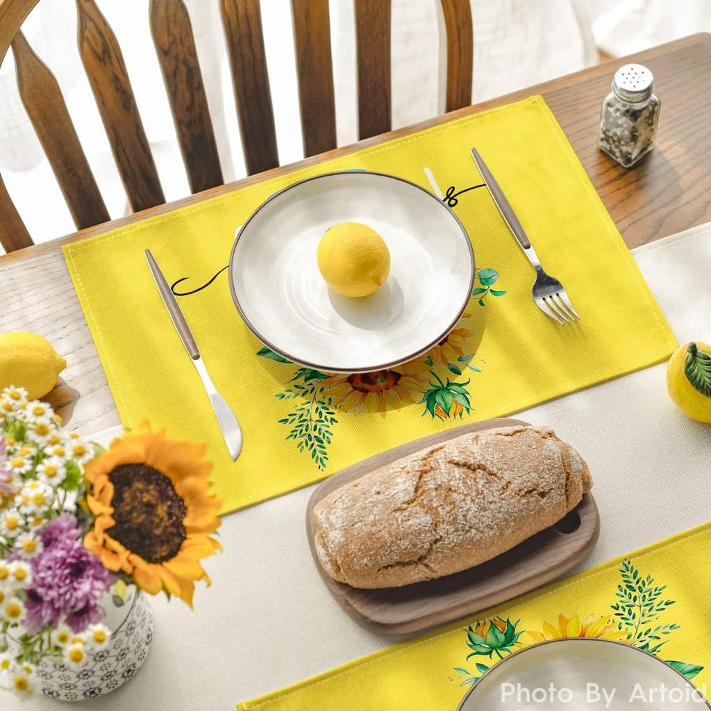 Yellow Hello Sunshine Sunflower Summer Placemats for Dining Table, 12 X 18 Inch Spring Holiday Decoration Rustic Vintage Washable Table Mats Set of 4