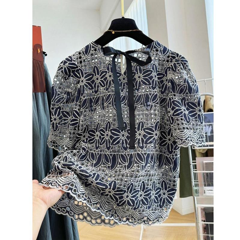 Summer Lace Hollow Out Short Sleeve Round Neck Blouse Women Elegant Embroidery Loose Fit Youthful Shirt