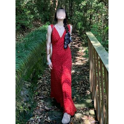 Temperamentvolles rotes V-Ausschnitt-Blumenkleid ohne Ärmel für den Sommerurlaub am Meer, elegantes neues langes Sommerkleid für Kinder