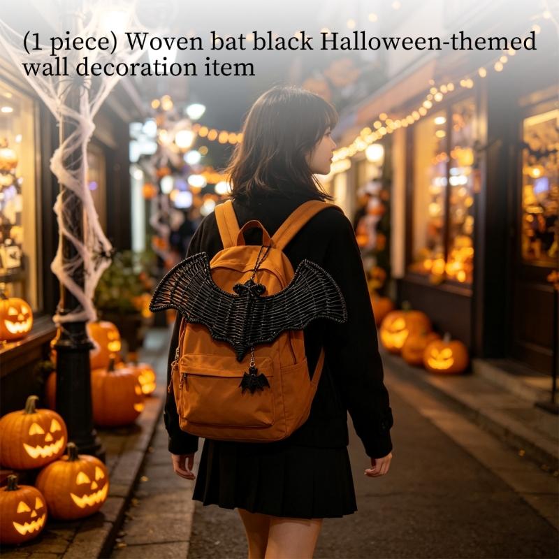 Woven Faux Rattan Black Bat Wall Art Decors for Halloween Party Backdrops, Gothic Layering Hanging Pendants for Seasonal Home Displays