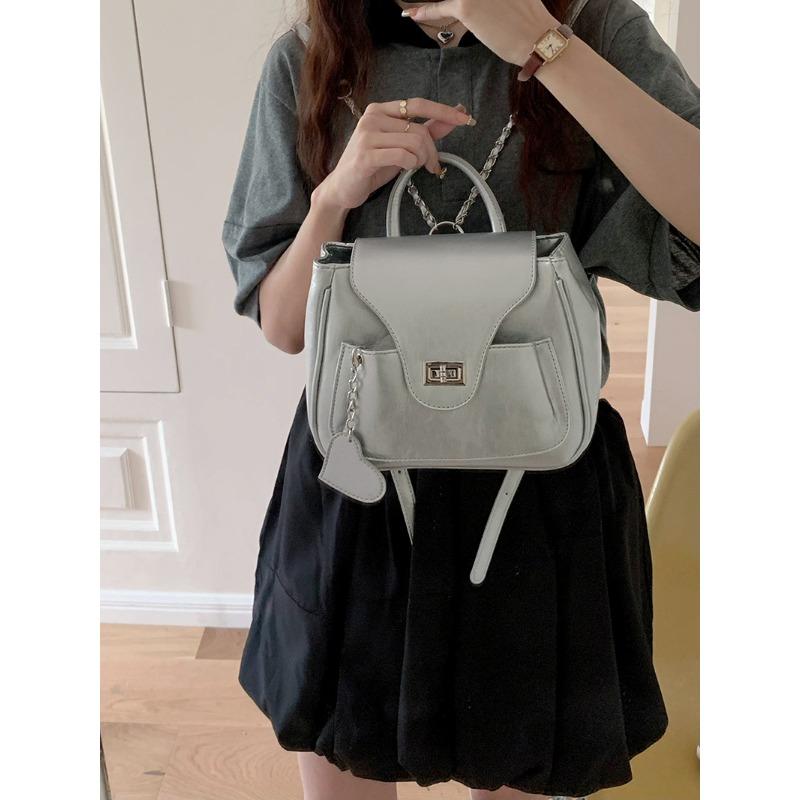 Korean New Niche Women's Bag Fashionable Oily Leather Silver Chain Backpack Simple Handbag Casual Backpack Trendy