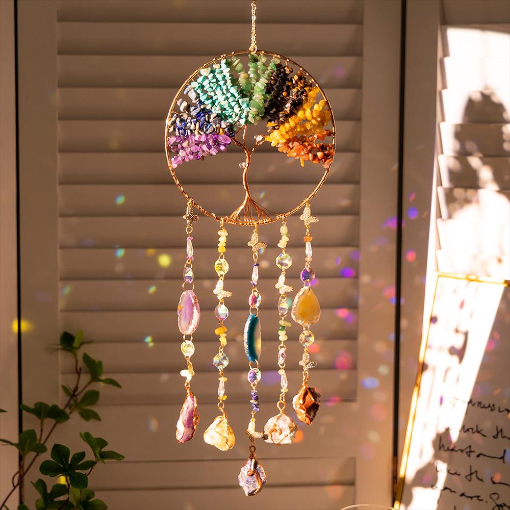 High-appearance Handmade Stone Crystal Chips Agate Slices Tree Life Dreamcatcher Pendants; Wind Chimes for Living