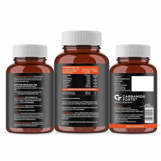 Carbamide Forte L Carnitine L Tartrate 1000mg Capsules for Men & Women | Pre Workout Supplement - 120 Veg Capsules