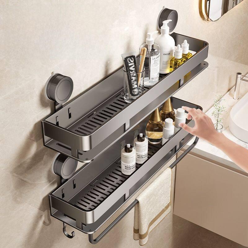 Modern Minimalist Suction Cup Bathroom Shelf With Hooks For Home Organization