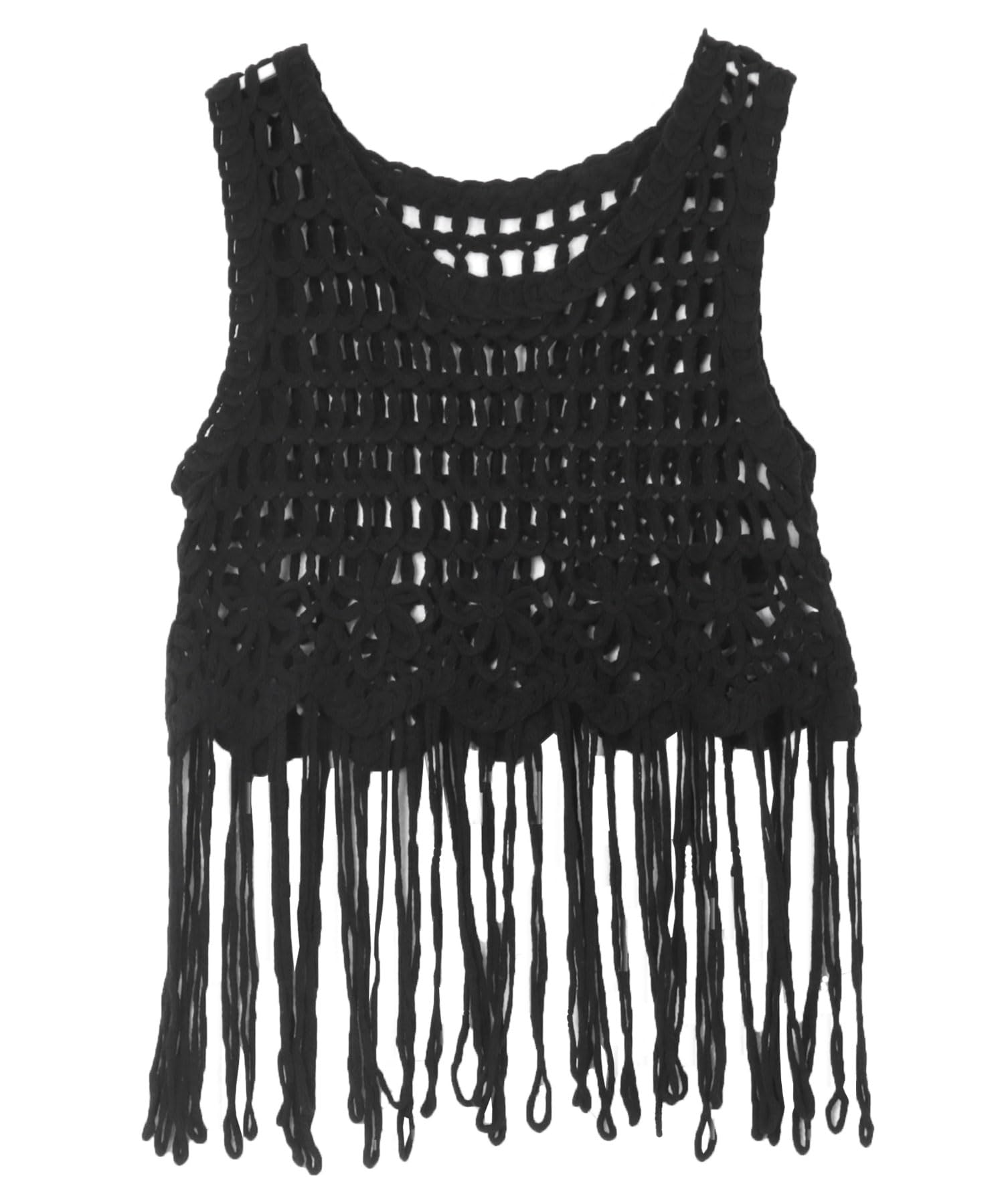 

Kobe Lettuce Crochet Fringe Cami Sleeveless Casual Summer Size Black Vest, Knit, Wear, Women s [C7458], M, чёрный