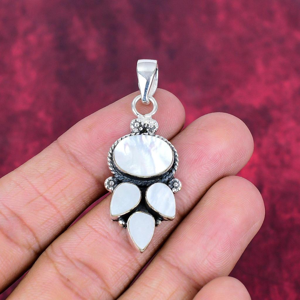 Mother of Pearl Pendant, Real Gemstone Pendant 925 Solid Sterling Silver Pendant, Handmade Jewelry Anniversary Gift