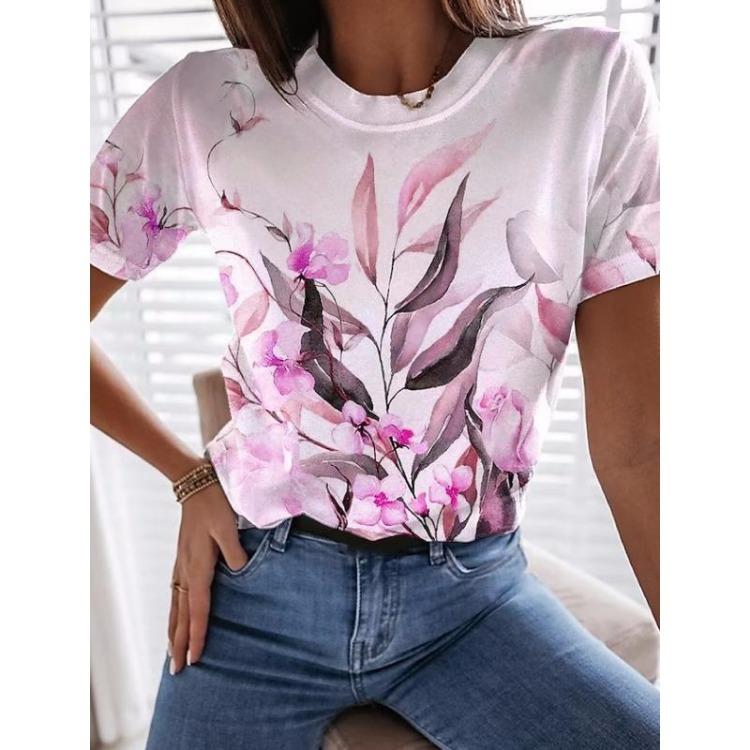 Korean Women's Harajuku Summer T-Shirt 3D Flower Graphic Short Sleeves O-Neck Fashion Tee Leisure Top Clothing