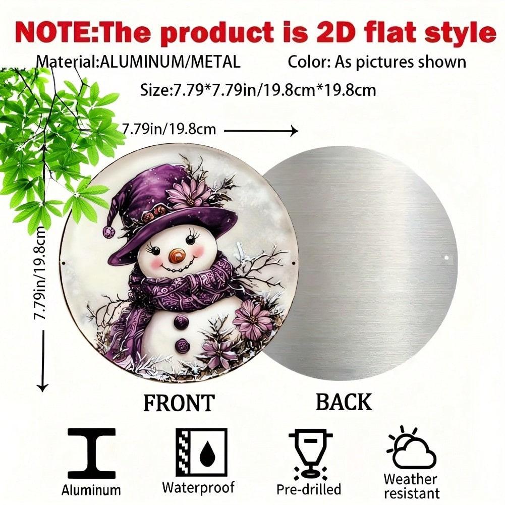 Metal Christmas Wall Art Purple Snowman Wreath Sign 8x8 Inch Round Aluminum Decor Holiday Gift 20x20