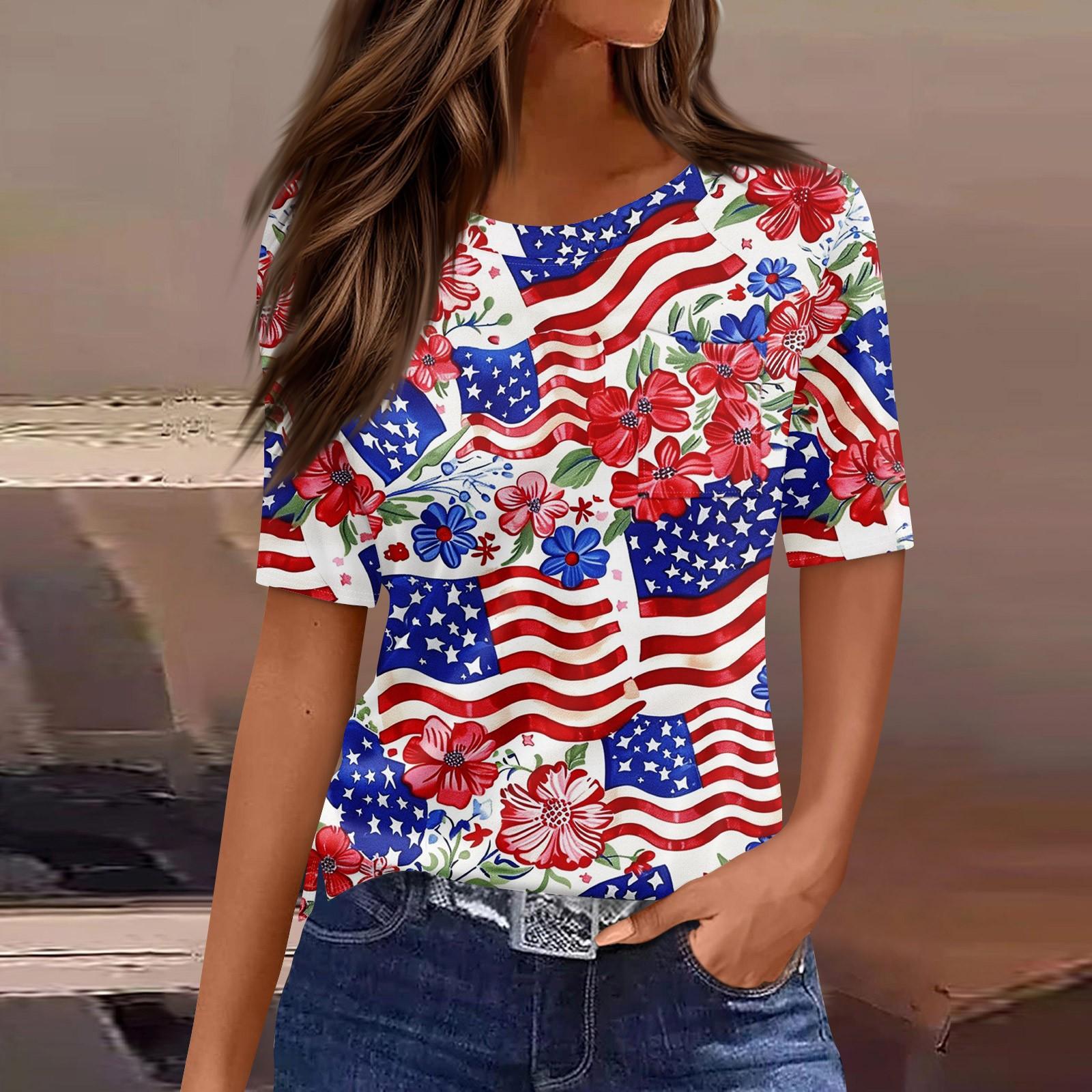Women s Round Neck Pocket Independence Day Print Short Sleeve T-Shirt Top L