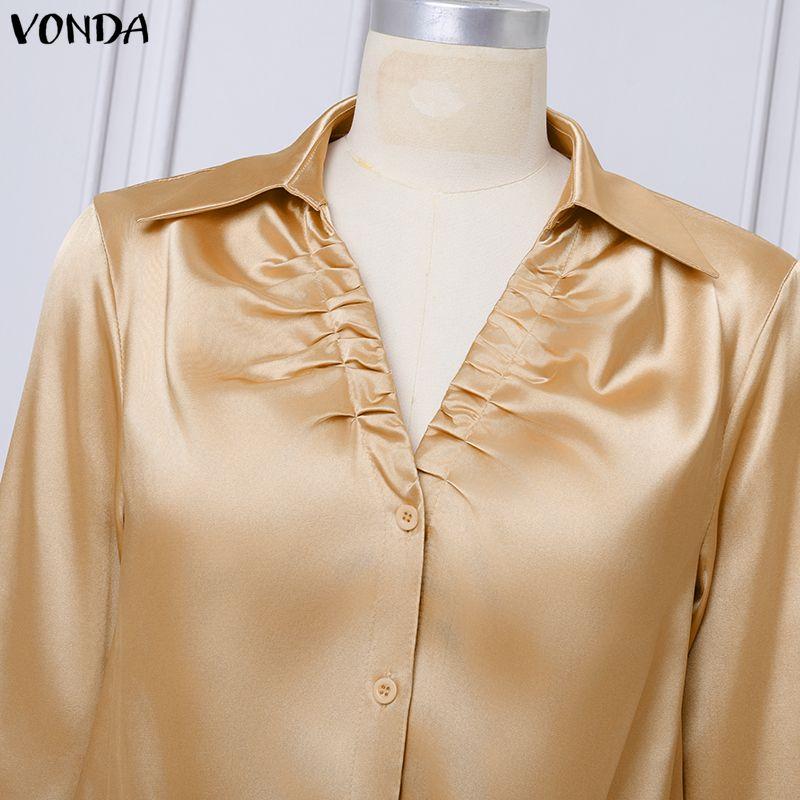 VONDA Elegant Women Pleating Lapel V Neck Long Sleeve Buttons Up Casual Office Shirts Blouse
