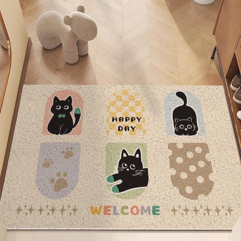 Cartoon Kitten Door Floor Mat Household Can Be Cut, Scraping Mud Dust Foot Pad Non-Slip Wear-Resistant Silk Ring Door Carpet