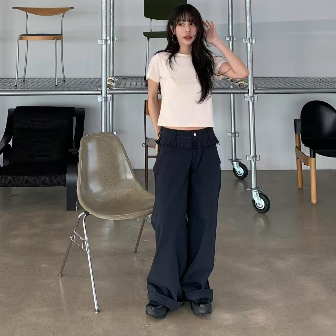 

Spring Autumn Korean Chic High-Waist Pleated Wide-Leg Trousers for Women Large темно-синий