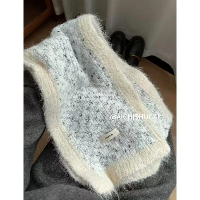 Xiaoxiangfeng Color Blocked Wool Scarf for Women Winter High End Thickened Warm Mohair Knitted Shawl Scarf for Students