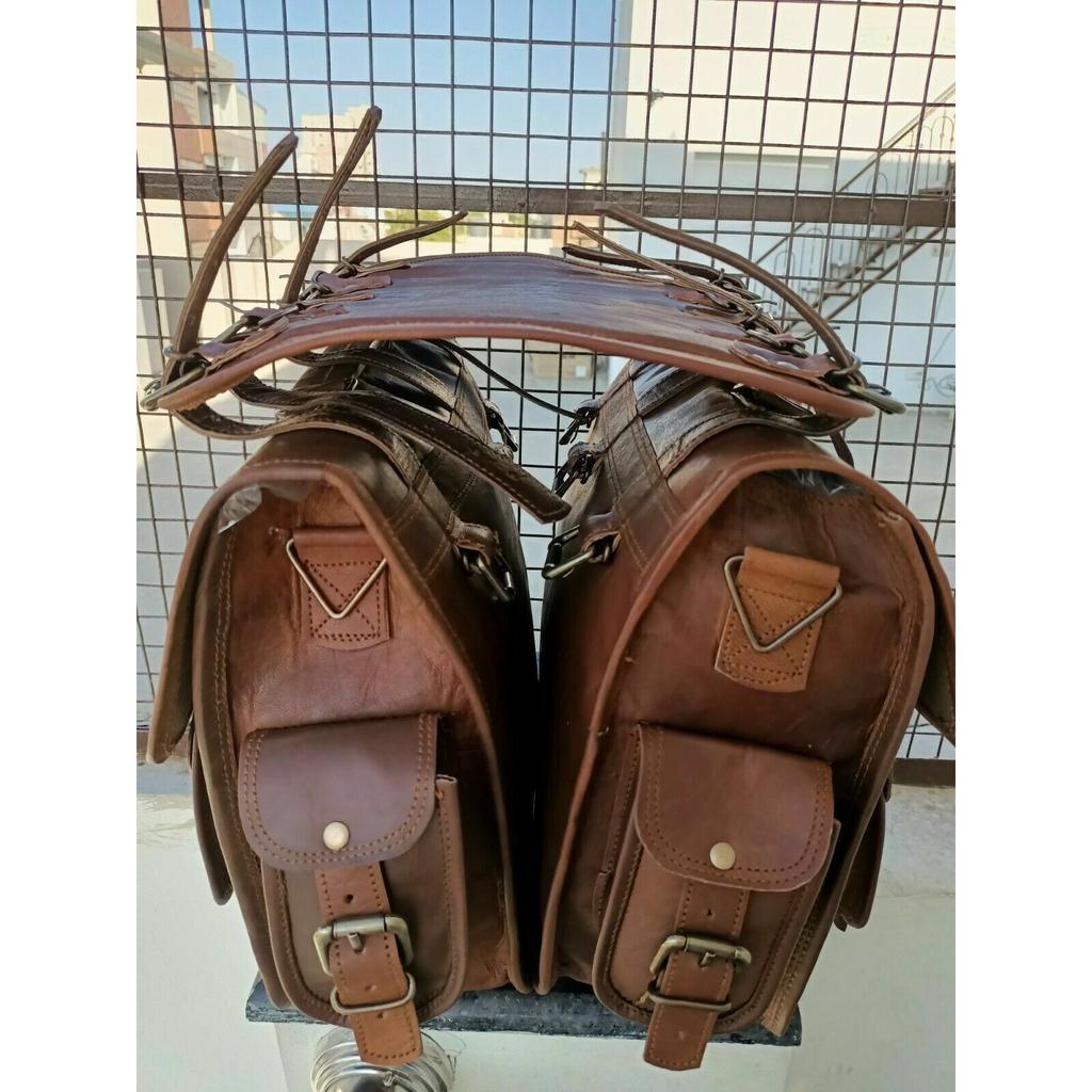 Motorcycle Brown Leather 2 Bags Side Extra Seat Pouch Saddlebags Saddle Panniers