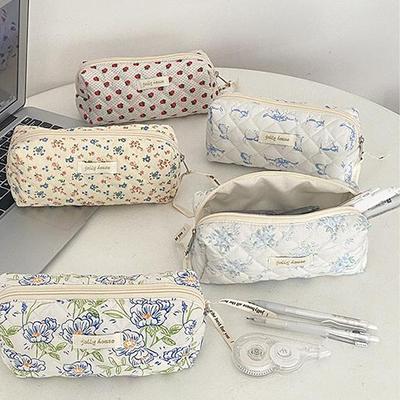 Kawaii Pencil Case Korean Style Simple Floral Pencil Pouch For Girl Soft Cotton Large Capacity Stationery Storage Bag