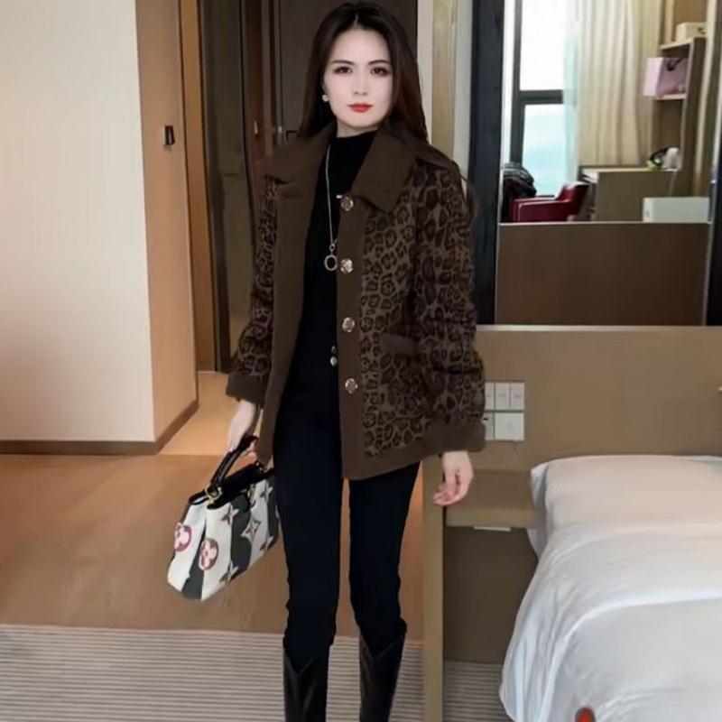 Fluffy 2025 Elegant Leopard Print Woolen Jacket - Women's Versatile Warm Top