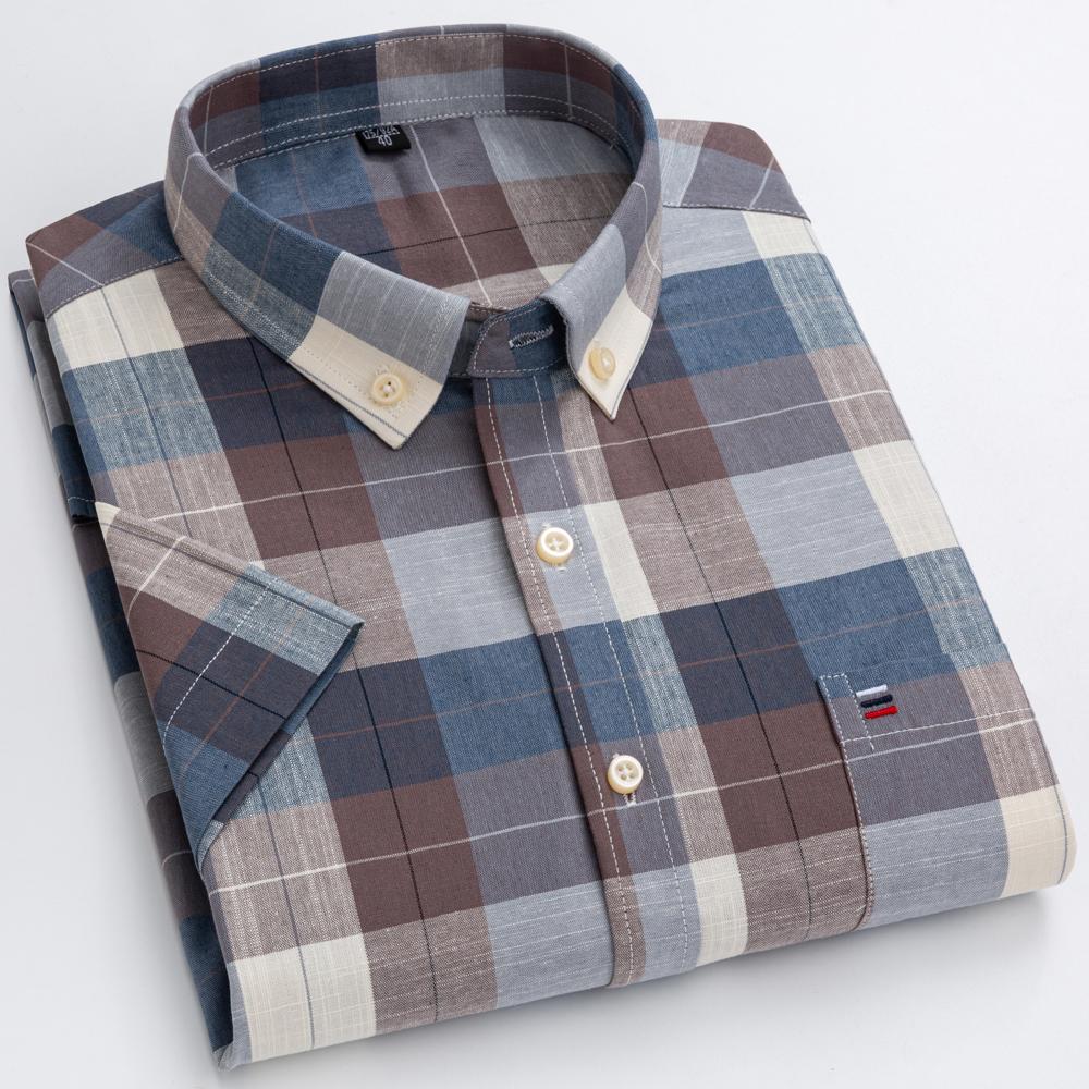 Pánská jarní letní košile s krátkým rukávem ze 100% bavlny Oxford s kapsou, kostkovaná, ležérní, lehká, prodyšná, odolná, ginghamové košile