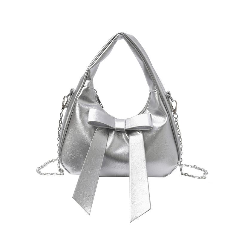 Sweet Bow Pu Shoulder Bags for Women Simple Solid Color Ladies Chain Crossbody Bag Versatile Portable Girls Handbags Clutch