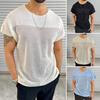 Camiseta de hombre con cuello redondo, manga corta, diseño de costuras de color liso, jersey de punto con diseño de malla hueca