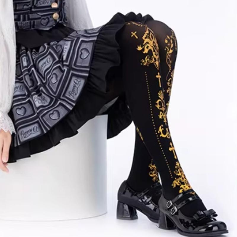 Women's Japanese Gothic Grunge Pantyhose Stockings Harajuku Aesthetic Crosses Print Opaque Tights Leggings Hosiery