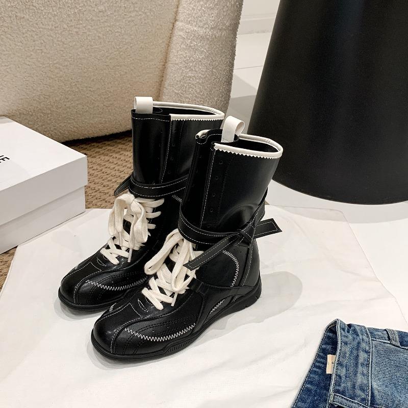Boxing Boots 6 Inner Height Increase Retro Martin Boots Women's Autumn New Western Boots Color Matching Lace-up Boxing Shoes