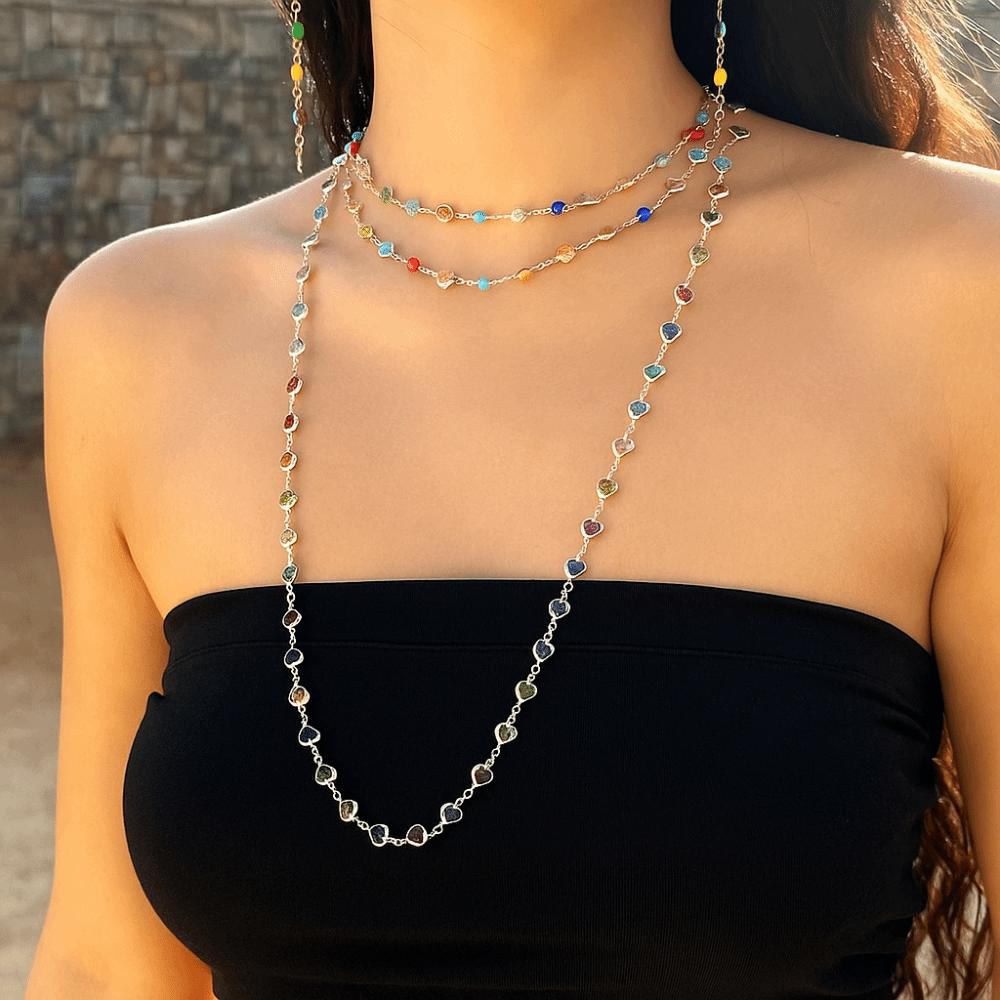 Copper Heart Crystal Necklace Gold Women Long Necklace Creative Retro Clavicle Chain  Women
