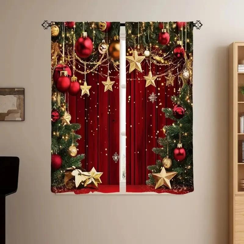 Set Of 2 Jit Festive Starry Curtains Christmas Window Decoration Polyester Home Decor Drapes Curtain Room Darkening Made With Rod Pocket