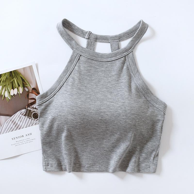 Dámský top bez rukávů, slim fit, halterový střih, krátký top s vycpávkami na hrudníku – bez kostic, krátké tílko.