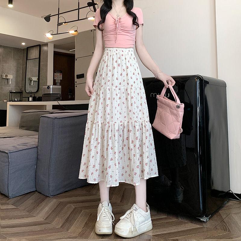 Vintage Blommig Lagerkjol Midikjol för Kvinnor - Vår/Sommar A-linje Full Utsvängd Blommig Långkjol